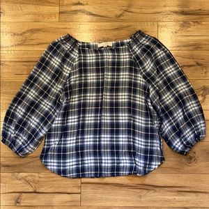 Loft Blue Gingham 3/4 Length Blouse